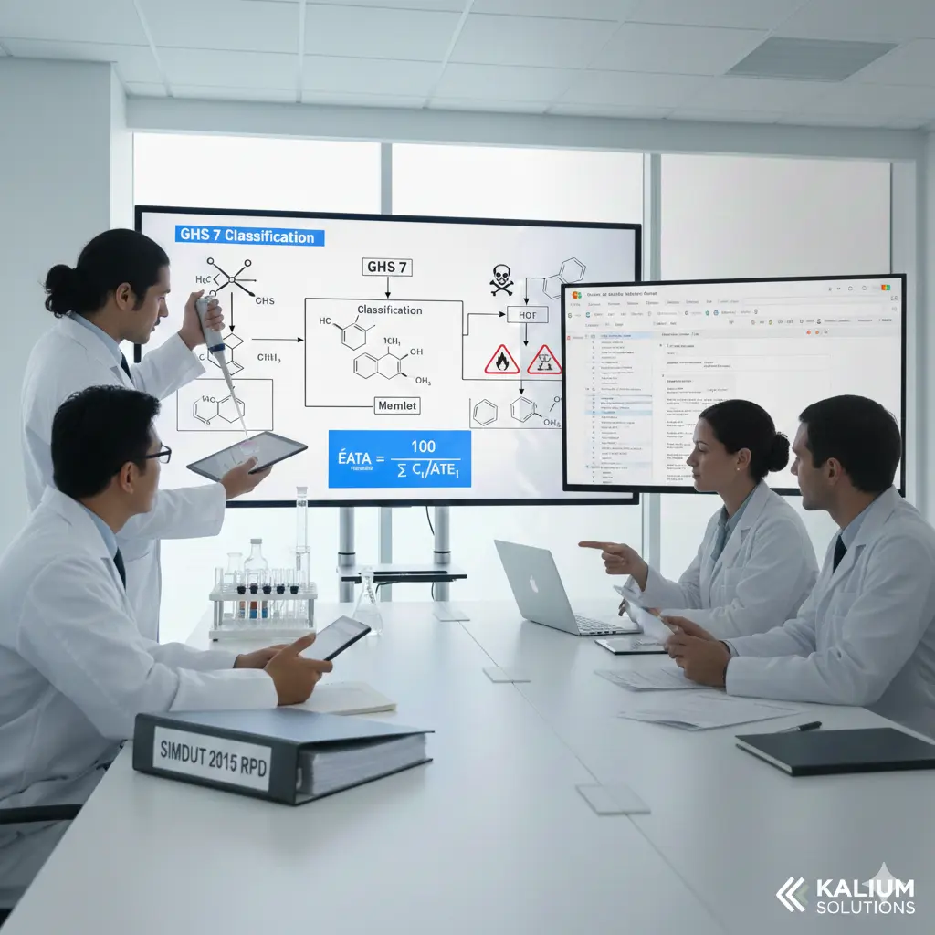 4 chimistes en sarrau discutent des classifications chimiques et de la rédaction des FDS autour d'une table de conférence. Un grand écran affiche les organigrammes de classification GHS 7, les structures chimiques, les pictogrammes de danger et la formule de calcul ETA. Un ordinateur portable affiche le logiciel FDS et un classeur porte l'étiquette SIMDUT 2015 RPD.