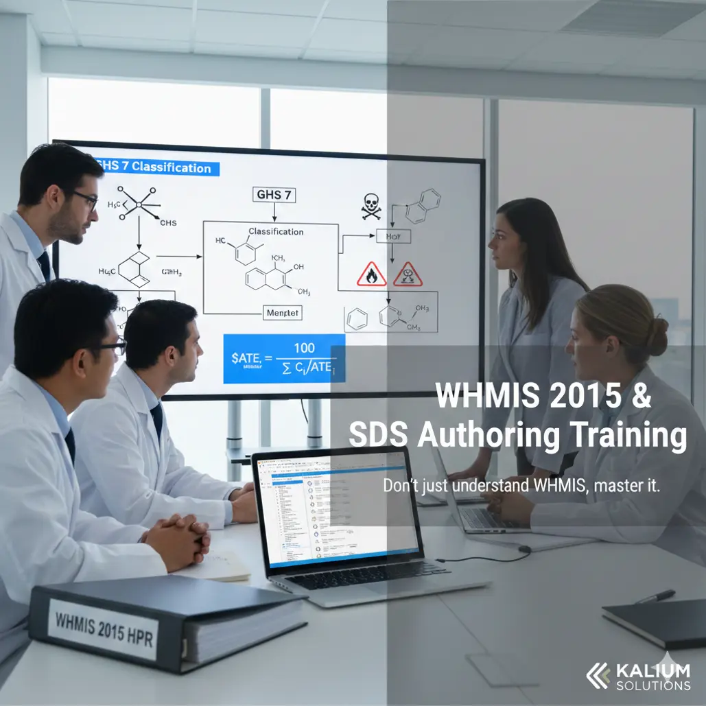 Five chemists in lab coats discussing chemical classifications and SDS authoring around a conference table. A large screen displays GHS 7 classification flowcharts, chemical structures, hazard pictograms, and the ATE calculation formula. A laptop shows SDS software, and a binder is labeled WHMIS 2015 HPR. Text overlay reads: WHMIS 2015 & SDS Authoring Training - Don’t just understand WHMIS, master it.