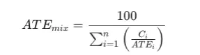 Mathematical formula for calculating the ATE (Acute Toxicity Estimate) of a mixture according to GHS and WHMIS regulations.